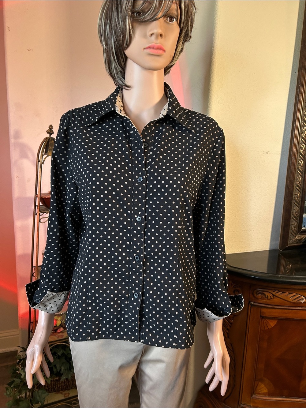 Womens Black Polka Dot Button-Down Shirt
